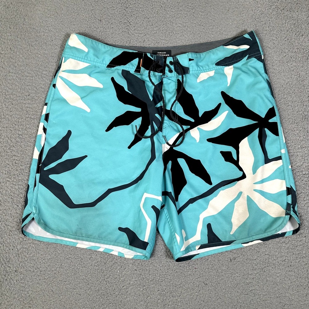 Quiksilver Waterman Shorts Mens 38 Blue Floral Board Swim Drawstring Pocket Logo
